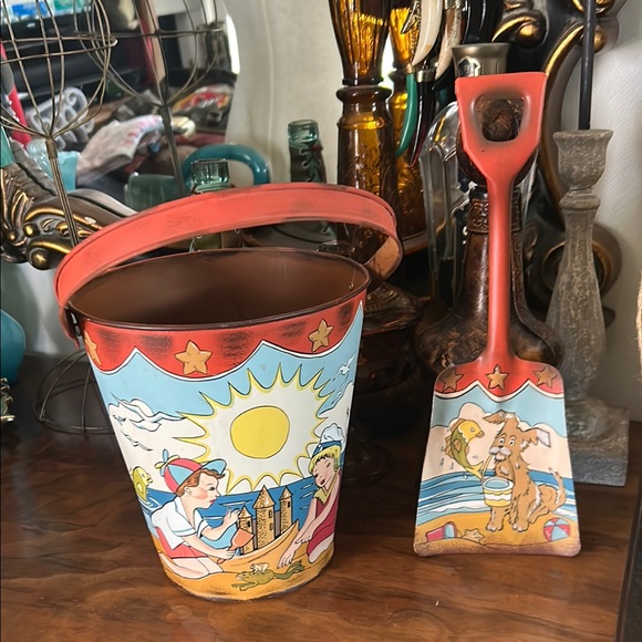 Vintage Metal Sand Pail Bucket with Matching Shovel